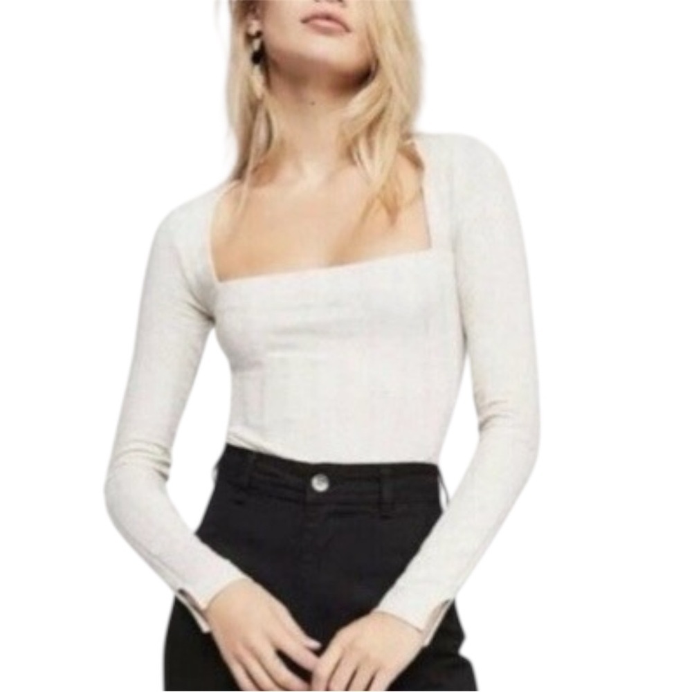 Free People “Beside Me” Ribbed Square Neck Bodysuit – Size Small – Cream/Ivory